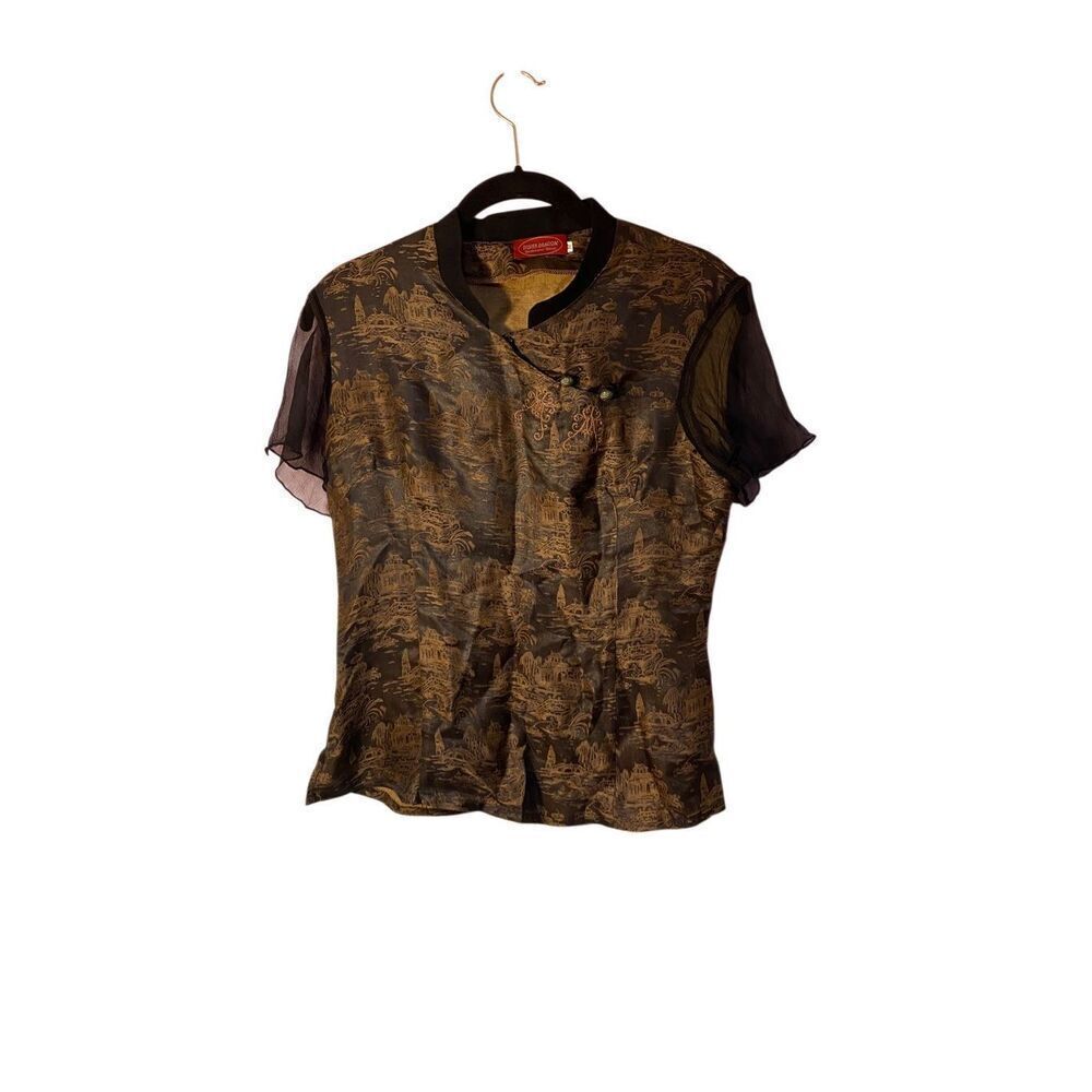Silver dragon women’s brown and black Asian inspired top size medium 